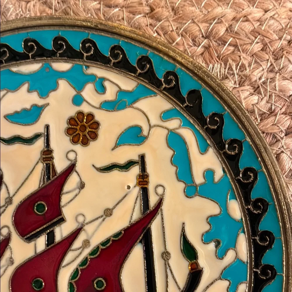 Vintage Nautical Greek Brass Plate with intricate cloisonné art work detailing